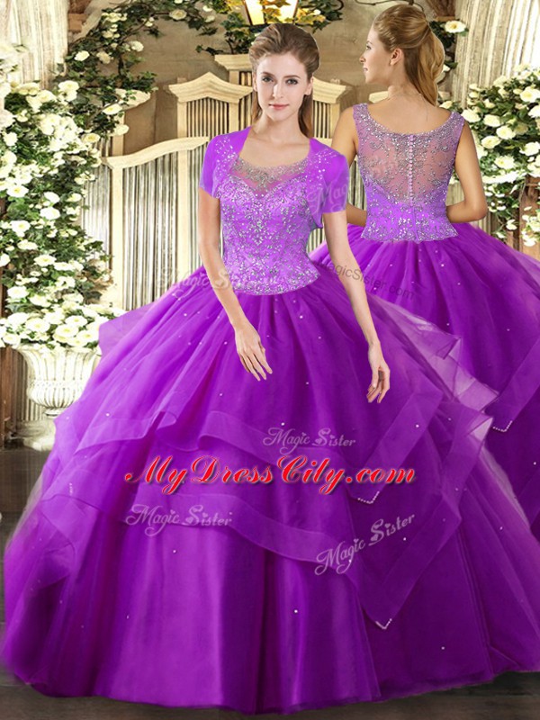 Latest Eggplant Purple Ball Gowns Tulle Scoop Sleeveless Beading and Ruffles Floor Length Clasp Handle Vestidos de Quinceanera