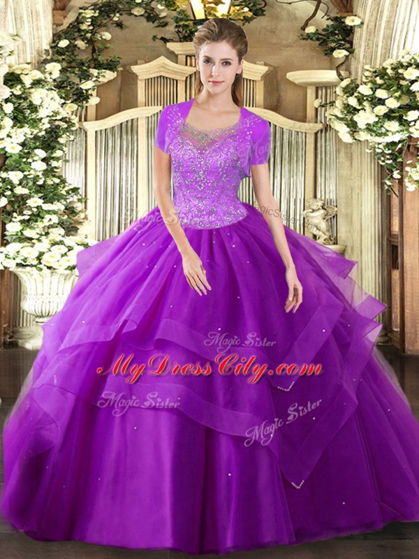 Latest Eggplant Purple Ball Gowns Tulle Scoop Sleeveless Beading and Ruffles Floor Length Clasp Handle Vestidos de Quinceanera