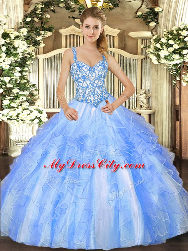 Edgy Straps Sleeveless Lace Up Vestidos de Quinceanera Blue And White Organza