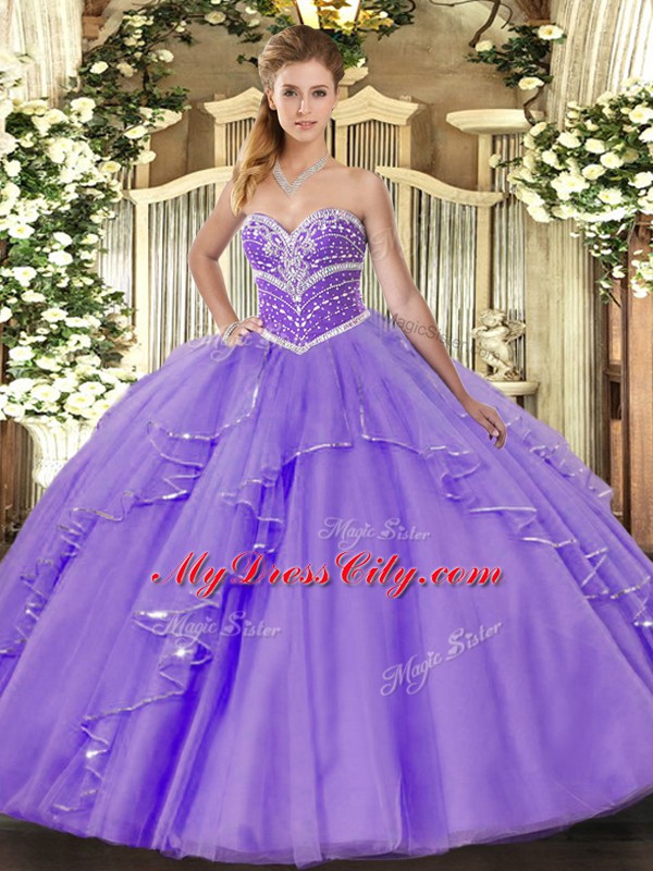 Lavender Sleeveless Tulle Lace Up Sweet 16 Dresses for Military Ball and Sweet 16 and Quinceanera