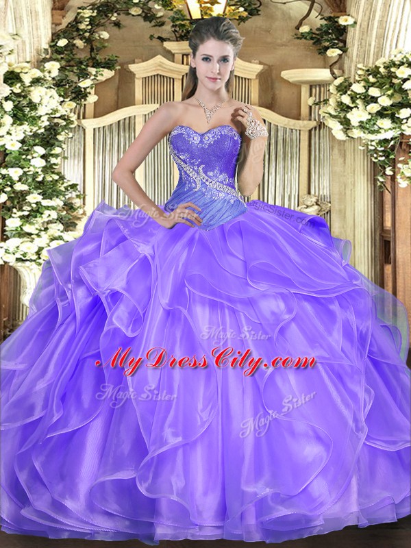 Sweetheart Sleeveless Quinceanera Gown Floor Length Beading and Ruffles Lavender Organza