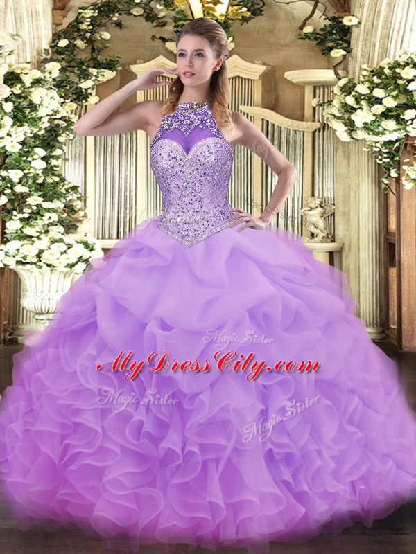 Colorful Lavender 15th Birthday Dress Military Ball and Sweet 16 and Quinceanera with Beading and Ruffles and Pick Ups Halter Top Sleeveless Lace Up