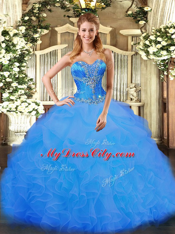 Inexpensive Blue Ball Gowns Beading and Ruffles 15 Quinceanera Dress Lace Up Organza Sleeveless Floor Length