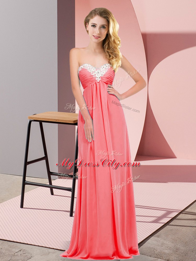 Sexy Sweetheart Sleeveless Prom Gown Floor Length Ruching Watermelon Red Chiffon