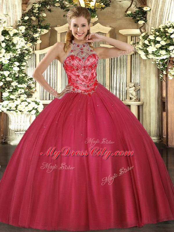 Classical Coral Red Sleeveless Satin Lace Up 15 Quinceanera Dress for Military Ball and Sweet 16 and Quinceanera