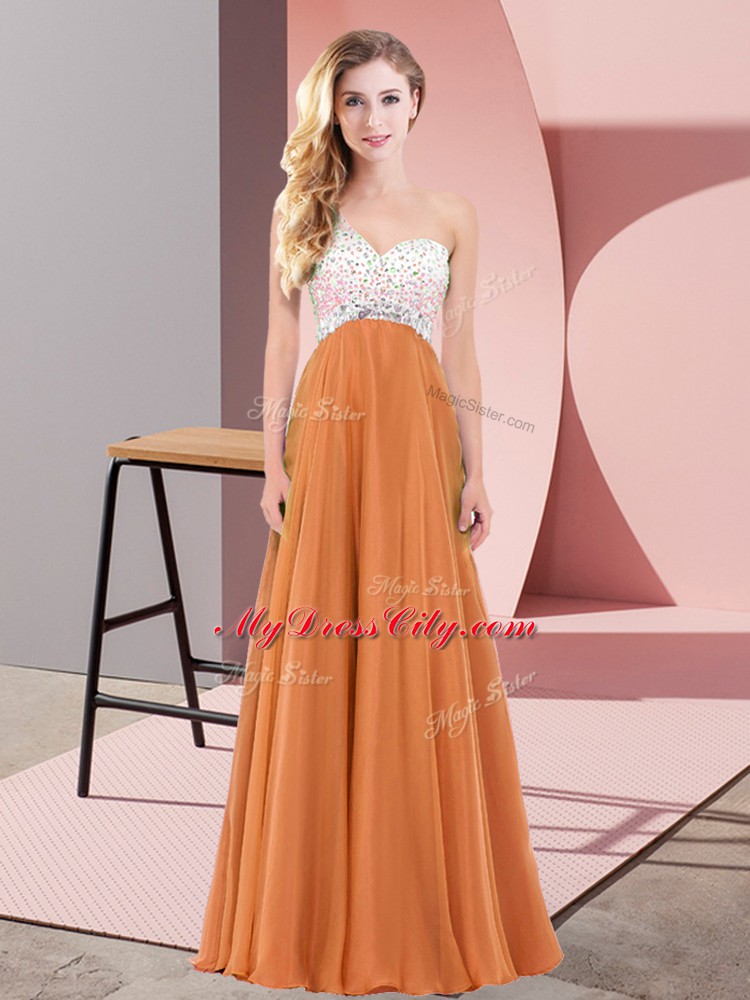 Empire Prom Evening Gown Orange Red One Shoulder Chiffon Sleeveless Floor Length Criss Cross