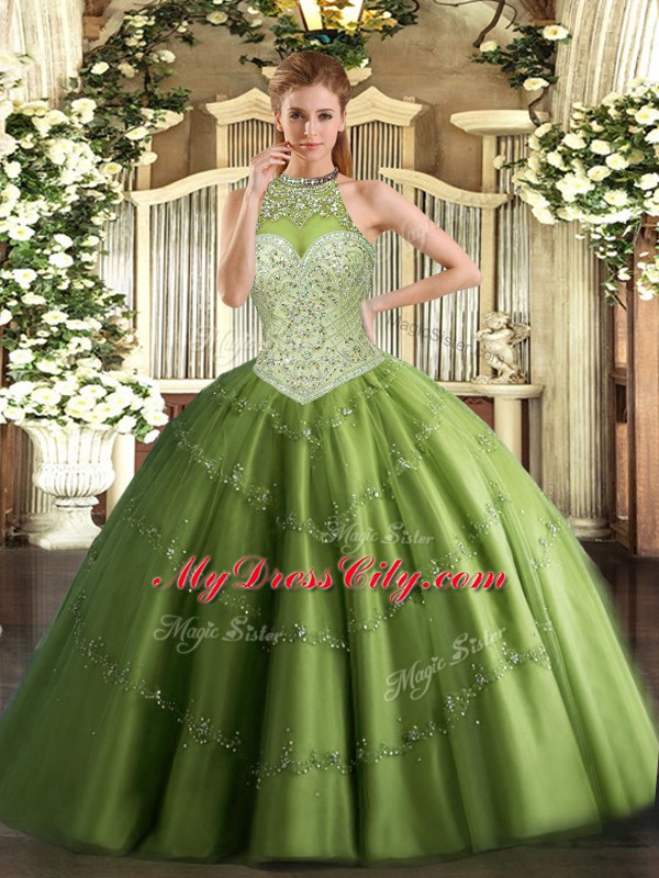 Charming Tulle Halter Top Sleeveless Lace Up Beading and Appliques Quinceanera Dresses in Olive Green