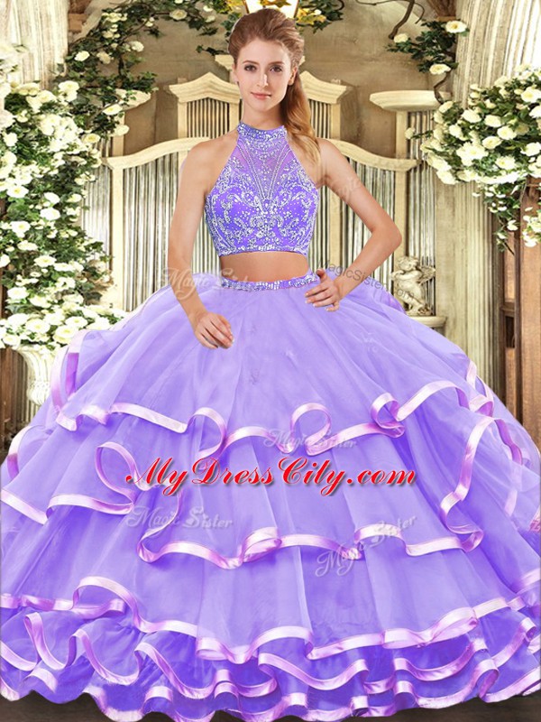 Lavender Two Pieces Beading and Ruffled Layers Vestidos de Quinceanera Criss Cross Tulle Sleeveless Floor Length