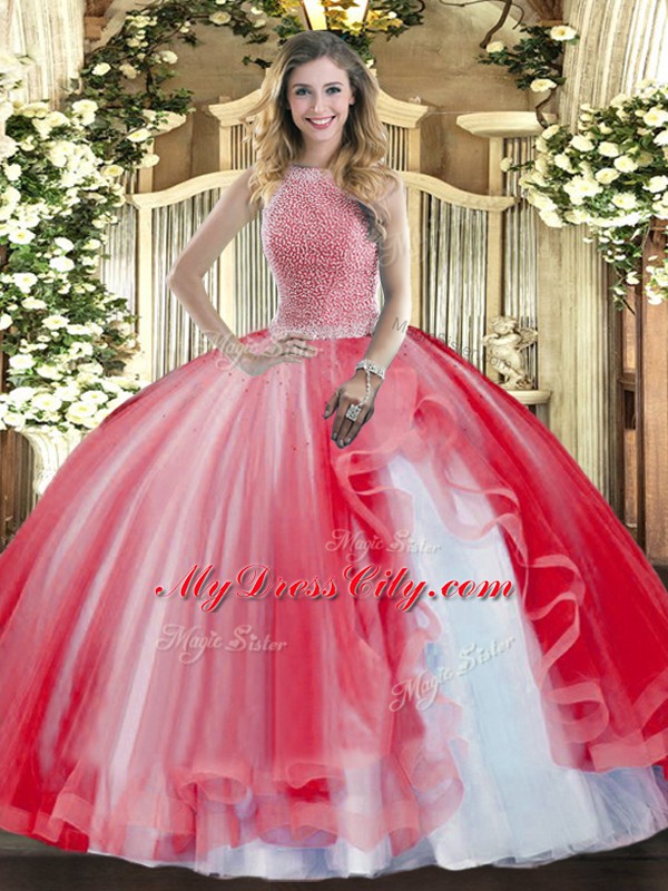 Red Tulle Lace Up Quinceanera Gown Sleeveless Floor Length Beading and Ruffles