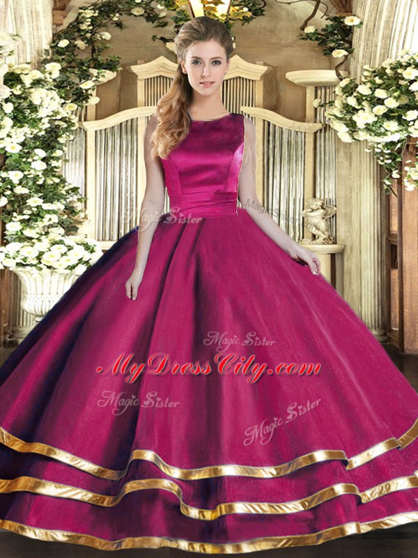 Lovely Sleeveless Floor Length Ruffled Layers Lace Up Quince Ball Gowns with Fuchsia