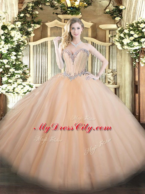 Dramatic Peach Ball Gowns Beading Sweet 16 Dresses Lace Up Tulle Sleeveless Floor Length