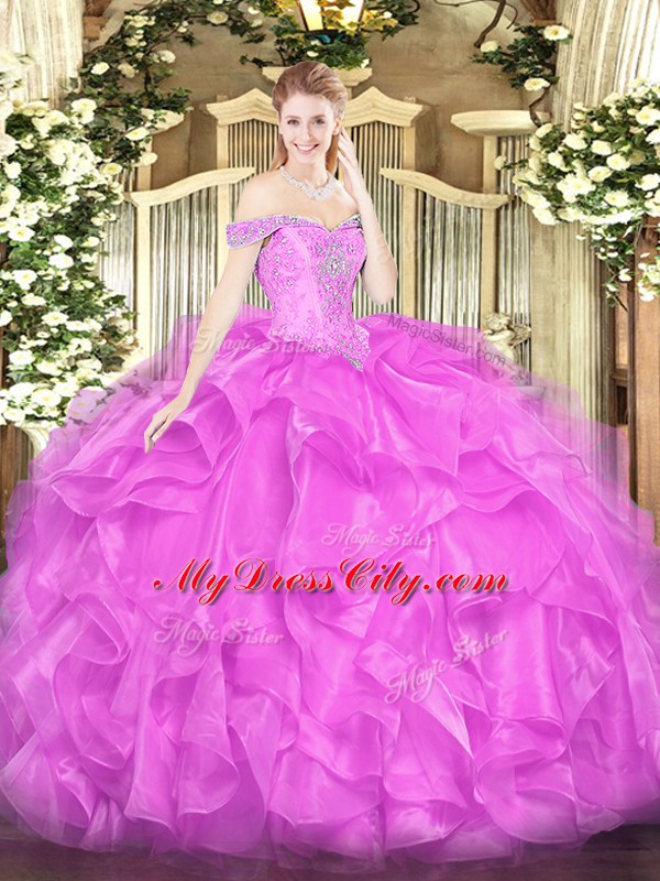 Super Lilac Organza Lace Up Off The Shoulder Sleeveless Floor Length Sweet 16 Dress Beading and Ruffles