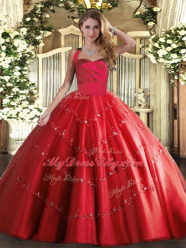 Tulle Sleeveless Floor Length Vestidos de Quinceanera and Appliques