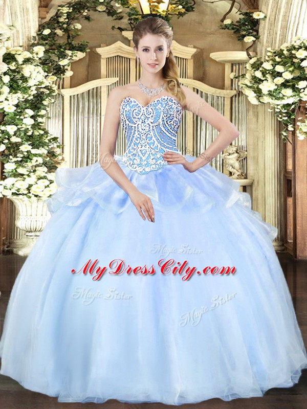 Decent Light Blue Lace Up Sweetheart Beading Sweet 16 Quinceanera Dress Organza Sleeveless