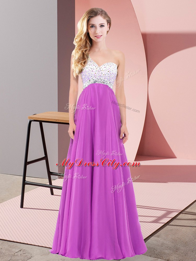 Dramatic Chiffon One Shoulder Sleeveless Lace Up Beading Evening Dress in Fuchsia