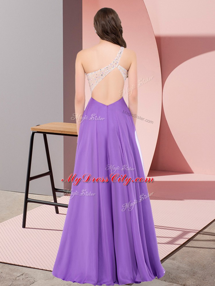 Dramatic Chiffon One Shoulder Sleeveless Lace Up Beading Evening Dress in Fuchsia