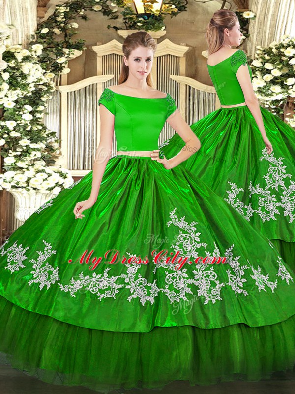 Cute Embroidery 15th Birthday Dress Green Zipper Short Sleeves Floor Length