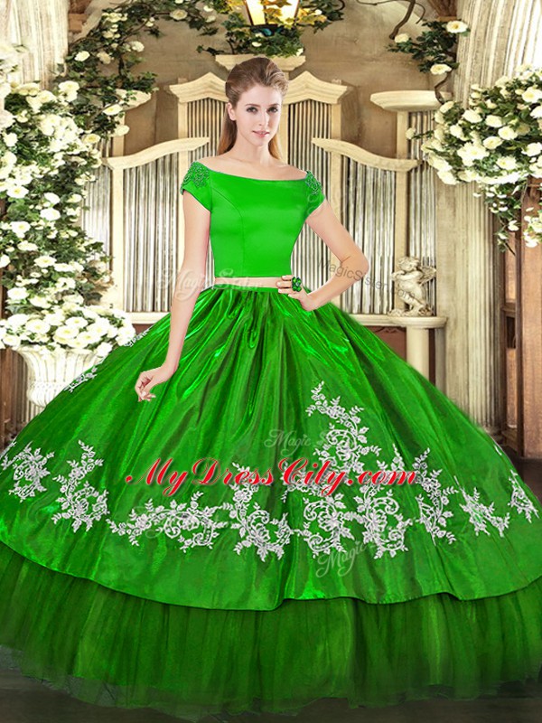 Cute Embroidery 15th Birthday Dress Green Zipper Short Sleeves Floor Length