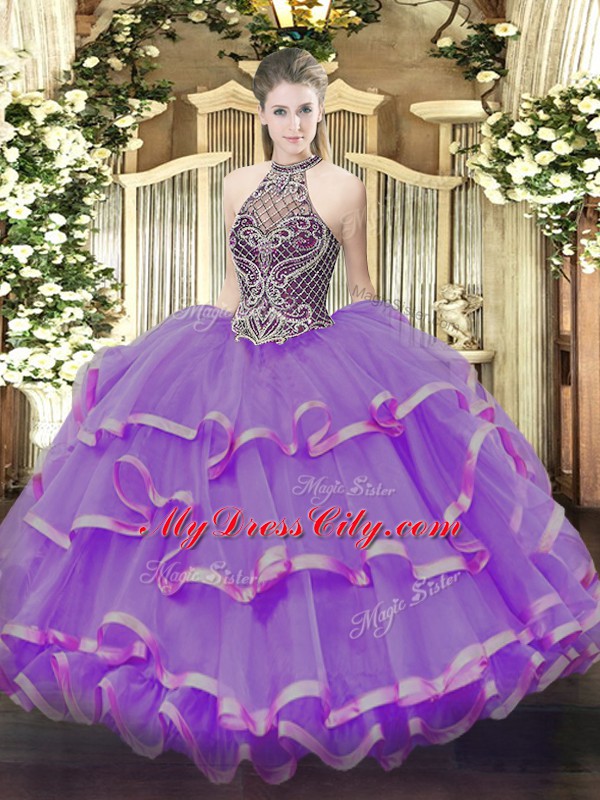 Ball Gowns Sweet 16 Dress Eggplant Purple Halter Top Organza Sleeveless Lace Up