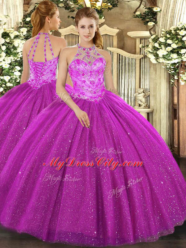 Fuchsia Tulle Lace Up Sweet 16 Dresses Sleeveless Floor Length Beading and Embroidery and Sequins