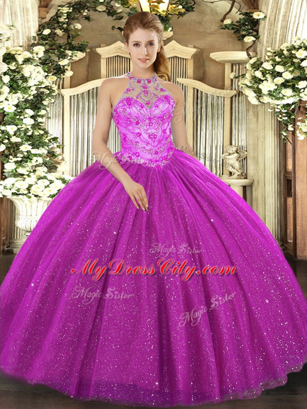 Fuchsia Tulle Lace Up Sweet 16 Dresses Sleeveless Floor Length Beading and Embroidery and Sequins