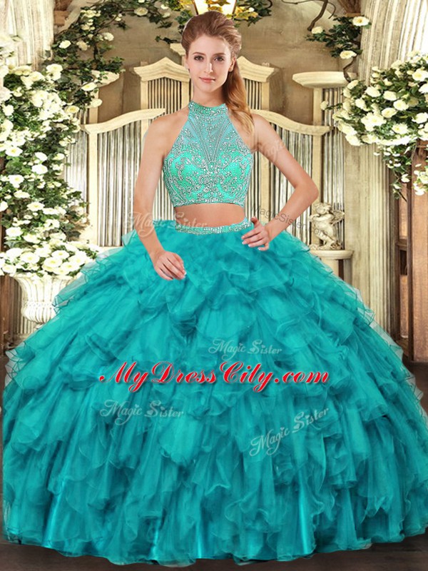 Hot Selling Turquoise Organza Criss Cross Halter Top Sleeveless Floor Length Sweet 16 Dress Beading and Ruffles