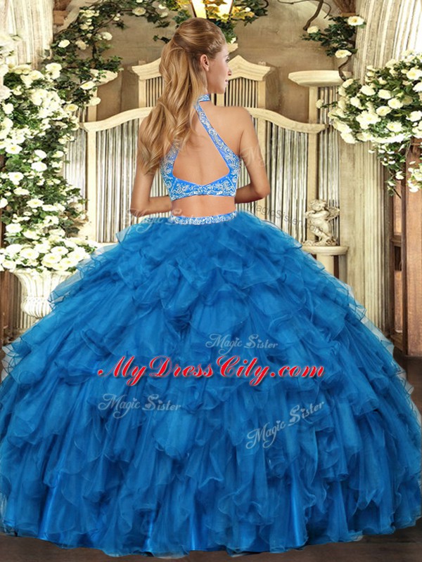 Hot Selling Turquoise Organza Criss Cross Halter Top Sleeveless Floor Length Sweet 16 Dress Beading and Ruffles