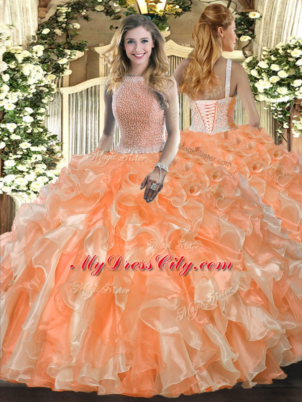 Sleeveless Floor Length Beading and Ruffles Lace Up Ball Gown Prom Dress with Orange Red