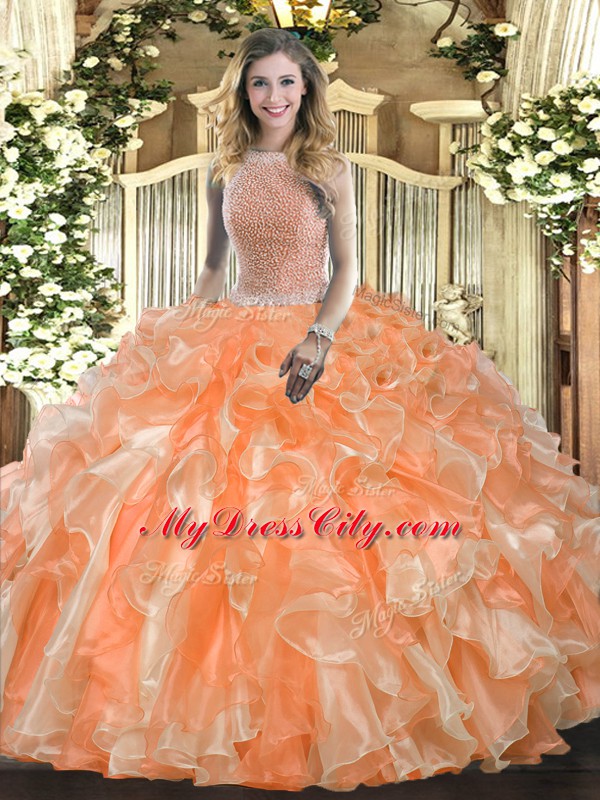 Sleeveless Floor Length Beading and Ruffles Lace Up Ball Gown Prom Dress with Orange Red