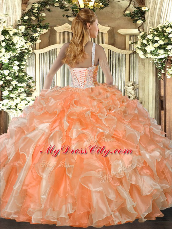 Sleeveless Floor Length Beading and Ruffles Lace Up Ball Gown Prom Dress with Orange Red