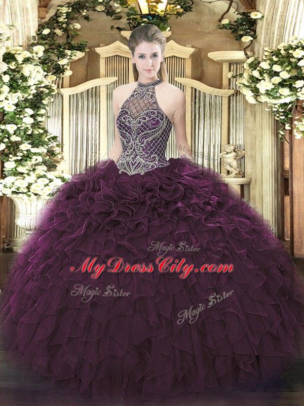 Dark Purple Sleeveless Beading and Ruffles Floor Length 15 Quinceanera Dress