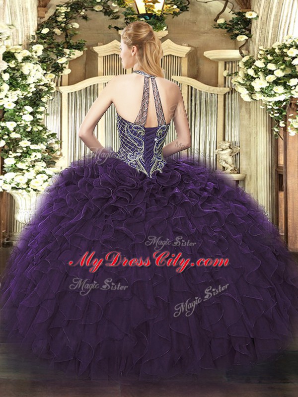 Dark Purple Sleeveless Beading and Ruffles Floor Length 15 Quinceanera Dress