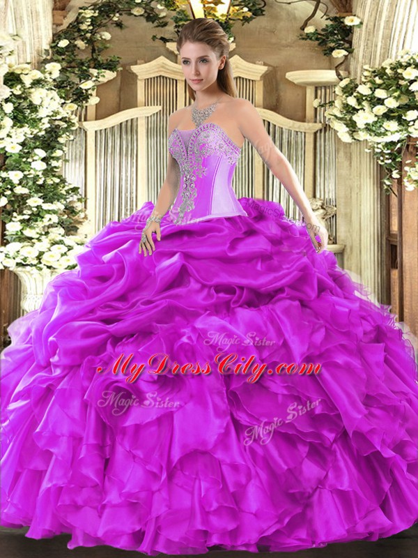 Floor Length Fuchsia 15th Birthday Dress Organza Sleeveless Beading and Ruffles and Pick Ups