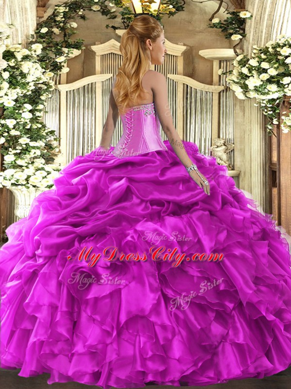 Floor Length Fuchsia 15th Birthday Dress Organza Sleeveless Beading and Ruffles and Pick Ups