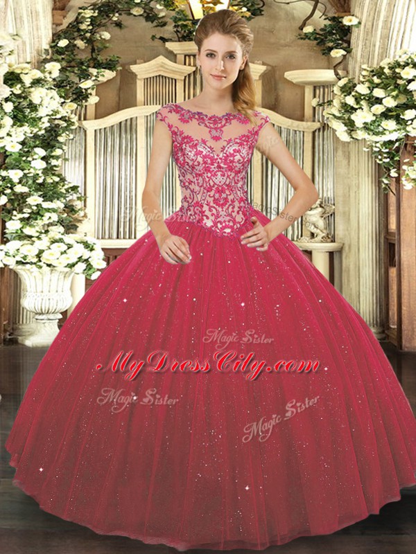 Modest Wine Red Scoop Lace Up Beading and Appliques Sweet 16 Quinceanera Dress Cap Sleeves