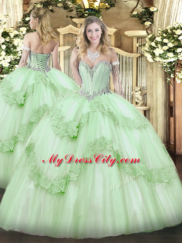 Sleeveless Lace Up Floor Length Beading and Appliques Sweet 16 Quinceanera Dress