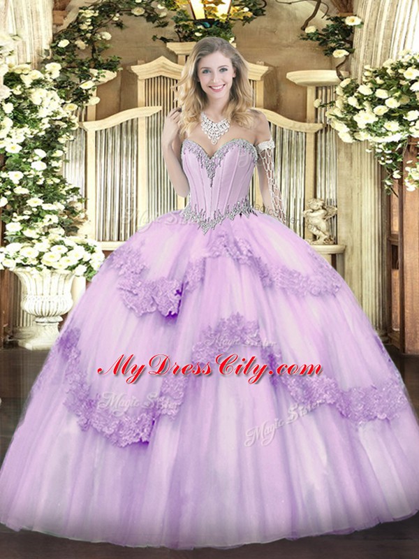 On Sale Lavender Tulle Lace Up Sweet 16 Quinceanera Dress Sleeveless Floor Length Beading and Appliques