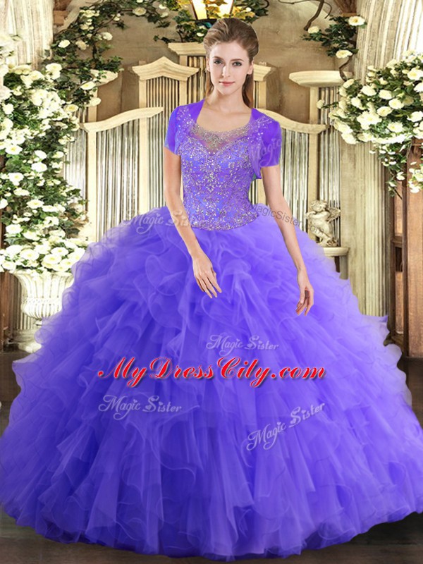 Beautiful Lavender Sleeveless Beading and Ruffled Layers Floor Length 15th Birthday Dress