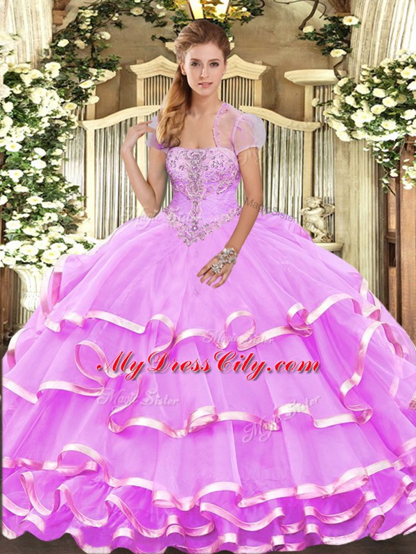 Lilac Organza Lace Up Sweet 16 Quinceanera Dress Sleeveless Floor Length Appliques and Ruffled Layers