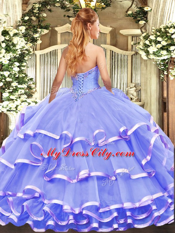 Lilac Organza Lace Up Sweet 16 Quinceanera Dress Sleeveless Floor Length Appliques and Ruffled Layers