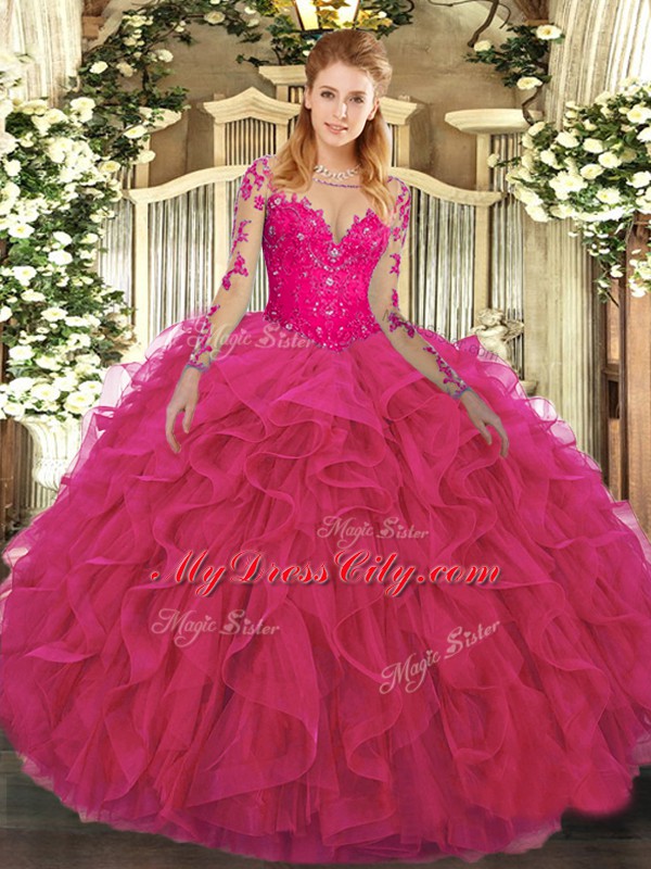 Hot Pink Lace Up Scoop Lace and Ruffles Quinceanera Gowns Tulle Long Sleeves