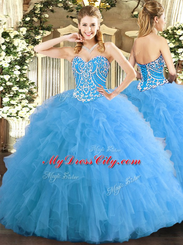 Inexpensive Floor Length Aqua Blue Sweet 16 Dress Tulle Sleeveless Beading and Ruffles