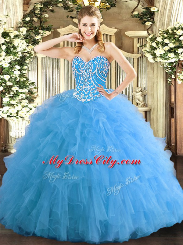 Inexpensive Floor Length Aqua Blue Sweet 16 Dress Tulle Sleeveless Beading and Ruffles