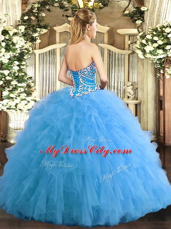 Inexpensive Floor Length Aqua Blue Sweet 16 Dress Tulle Sleeveless Beading and Ruffles