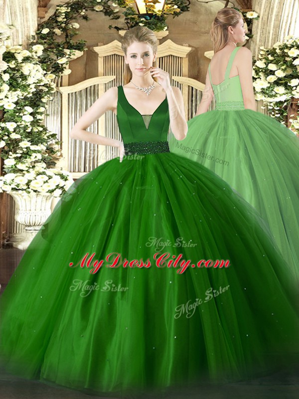 Green Sleeveless Beading Floor Length Quinceanera Gowns