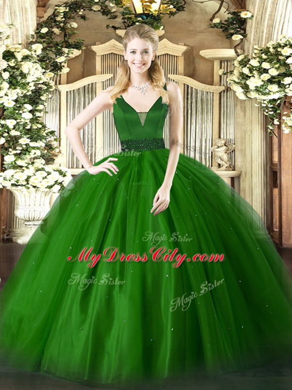 Green Sleeveless Beading Floor Length Quinceanera Gowns