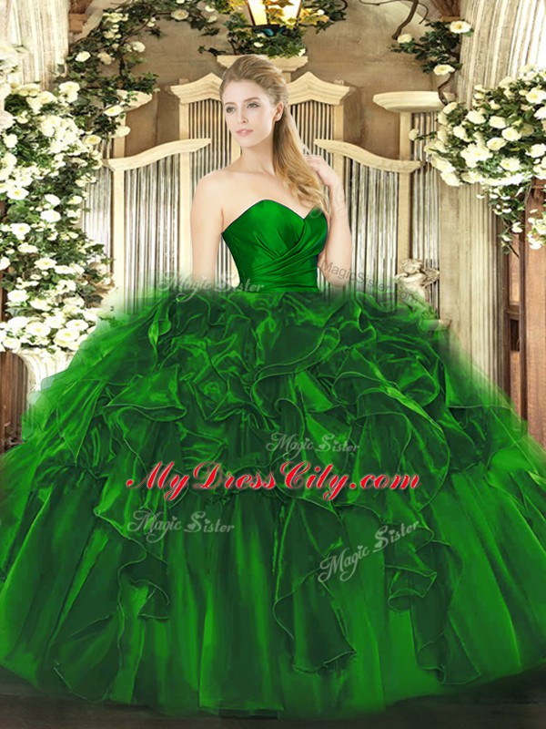 Fabulous Sleeveless Floor Length Ruffles Lace Up Quinceanera Dress with Dark Green