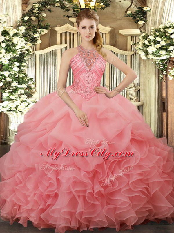 Halter Top Sleeveless Lace Up Sweet 16 Quinceanera Dress Watermelon Red Organza