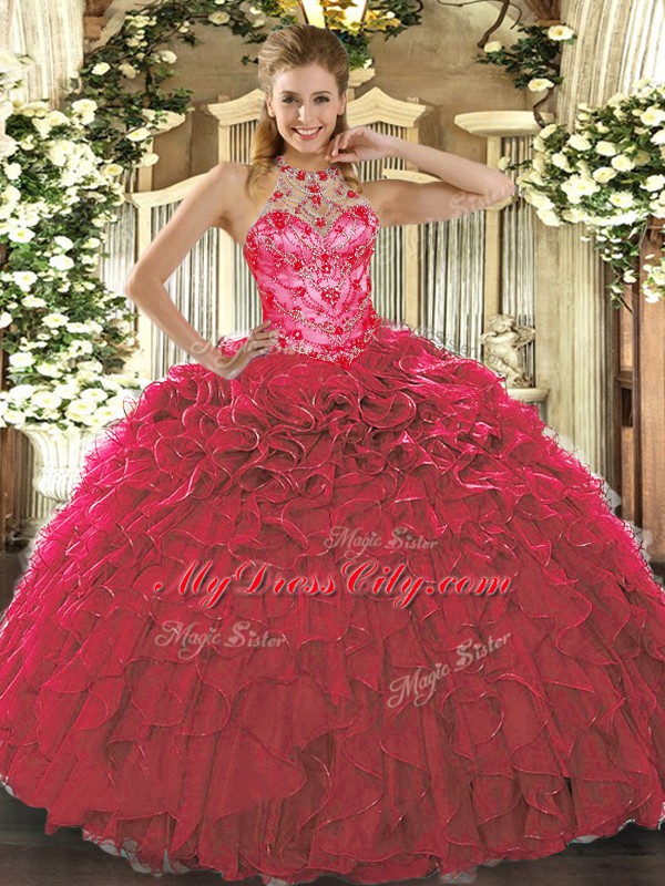 Halter Top Sleeveless Lace Up Quinceanera Dresses Red Organza