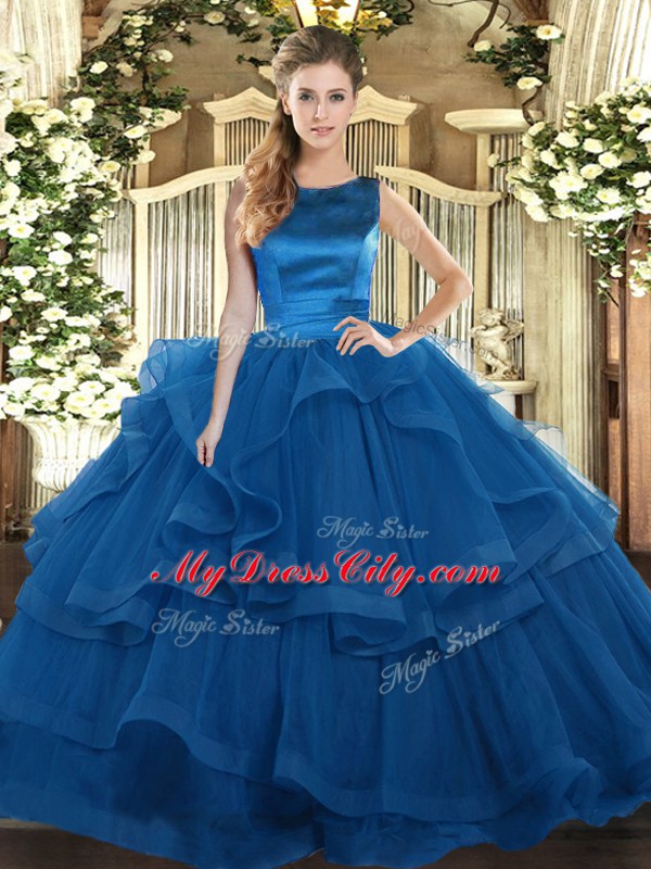 Tulle Scoop Sleeveless Lace Up Ruffles Sweet 16 Dresses in Blue